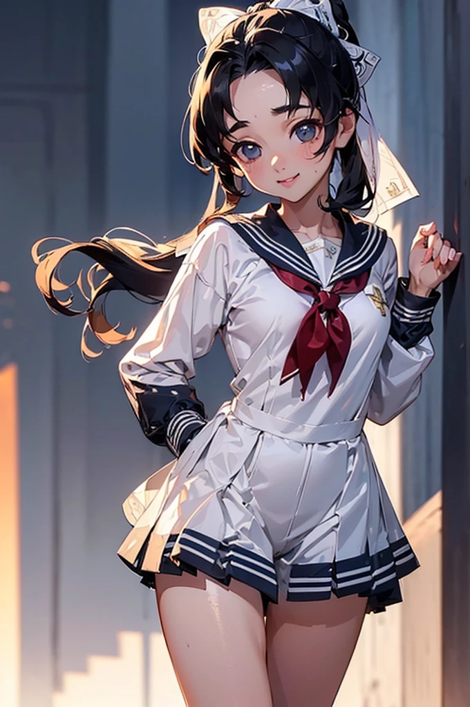 (((beautiful))), (((Sailor suit, uniform))), ((Black Hair, ponytail, ribbon)), Small breasts, Thighs, Sweat, (((Intricate details))), High resolution, ((Intricate details, Ultra-detailed)), whole body, Are standing, looking at the camera, Red cheeks, smile, evening, School,