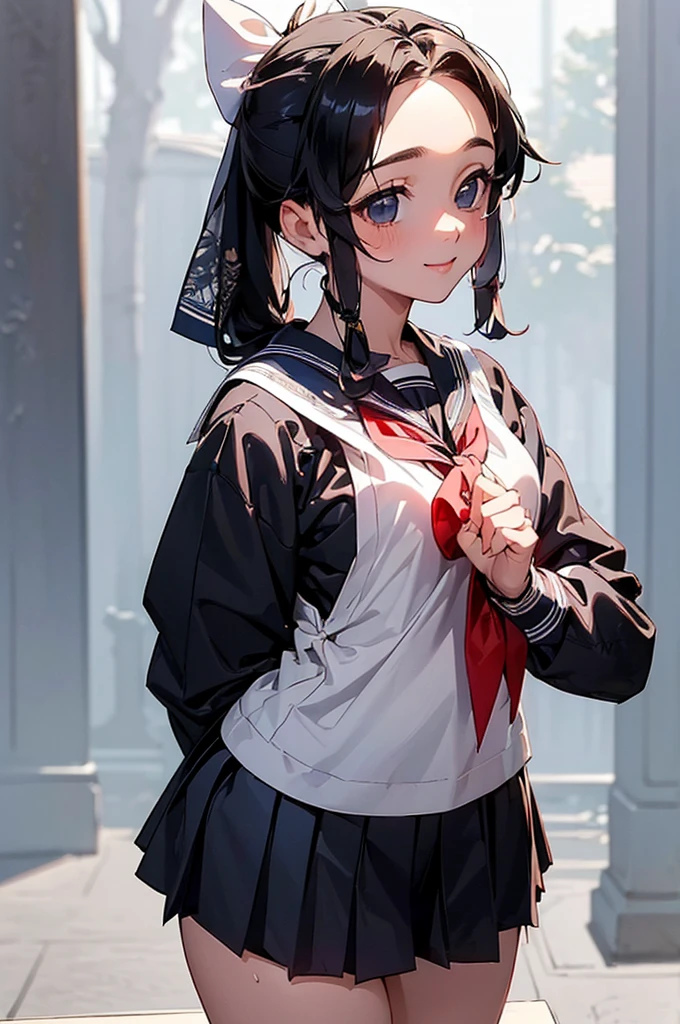 (((beautiful))), (((Sailor suit, uniform))), ((Black Hair, ponytail, ribbon)), Small breasts, Sweat, (((Intricate details))), High resolution, ((Intricate details, Ultra-detailed)), whole body, Are standing, looking at the camera, Red cheeks, smile, evening, School,