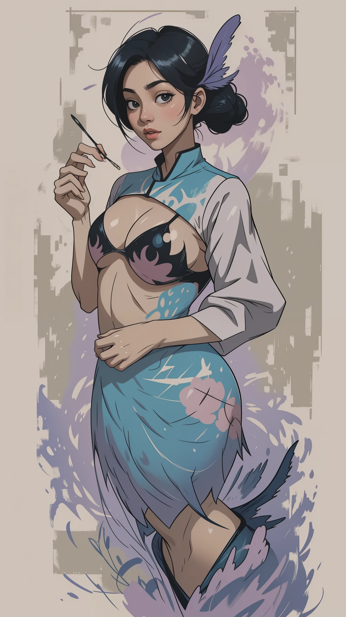 Painting of a woman with fish in her hair、Jin Nong's Surrealism、Black Hair、Japanese、Pop Surrealism、Color illustrations、Beautiful artistic illustrations、Colorful illustration、Pop Surrealismアートスタイル、Digital illustration style、Fantasy Illustration、Illustration art、Magical Surrealism、デジタルFantasy Illustration、Pop Surrealismローブローアートスタイル