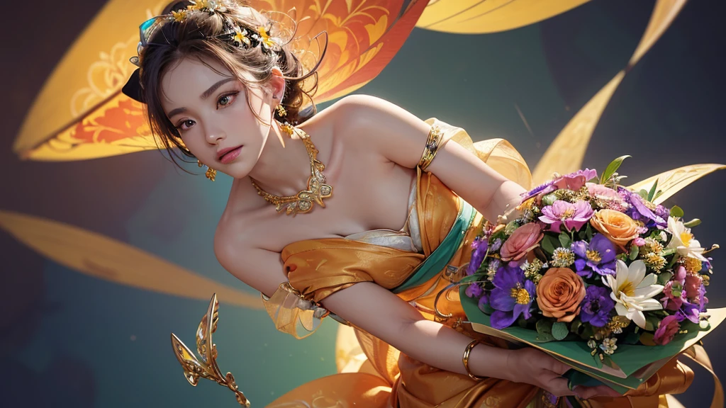 32K, 最高quality, 最高masterpiece, (ultra-Detailed Background, Detailed Background), High resolution, Super detailed, Very detailedな, One girl, (bouquet:1.3), (Tangled:1.2), (Geometric:1.2),(colorful),(masterpiece, quality, best quality, Official Art, Beautiful and beautiful:1.2), (1 girl:1.3), Very detailed,(colorful:1.1)(Flowers:1.3),Most detailed,(Tangled:1.2), whole body, (Abstract background:1.3), (Skin glows), (Many colors:1.4), ,(Earrings Jewelry:1.5), Pale Orange Background,