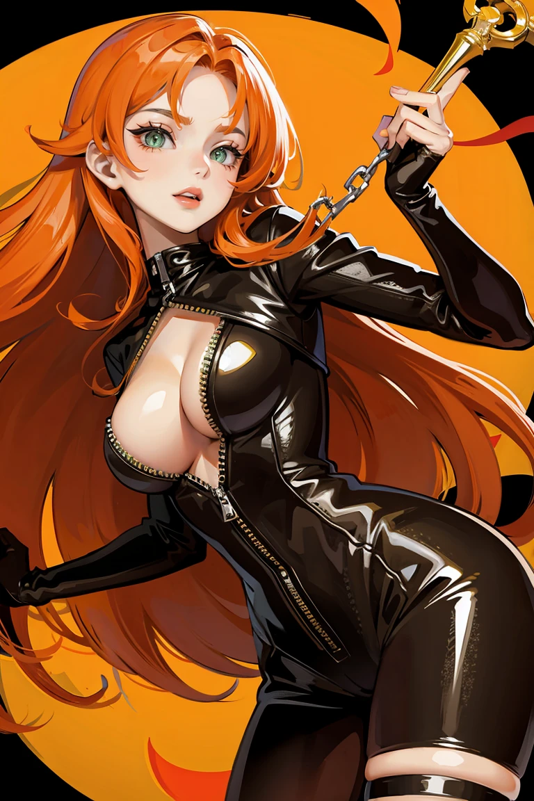 long orange hair, green eyes, large cleavage, holding keys, dominatrix