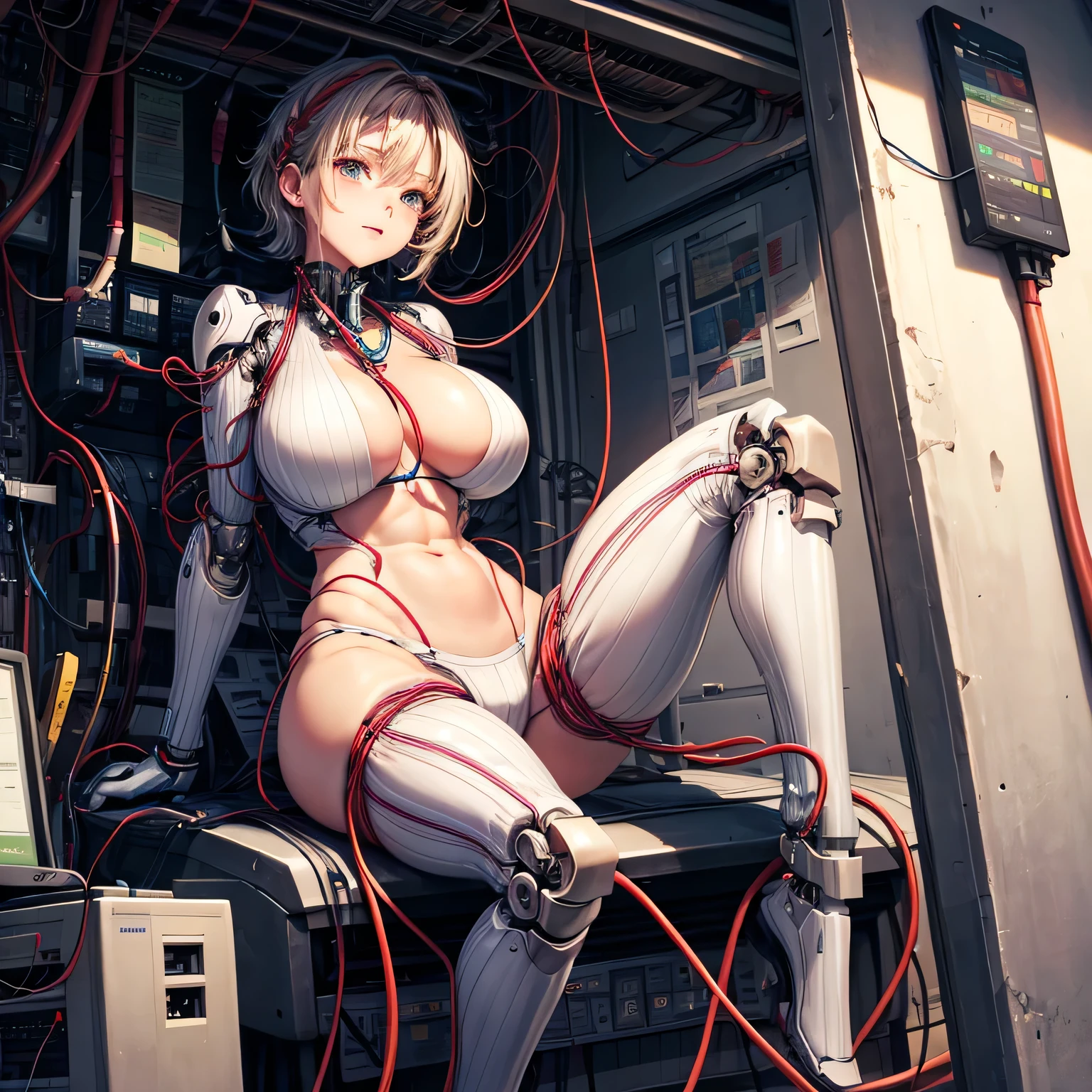 (((masterpiece))), (((Highest quality))), ((Very detailedな)), (Detailed CG illustrations), ((Very delicate and beautiful)),Cinematic Light,((One mechanical woman)), alone,mature,(Big and ample breasts),(Plump), (((The crotch is open))),((Thighs)),((Sitting)),whole body, (Machine made joints:1.4),((Mechanically cut muscle blood vessels connected to tubes),((Mechanical cervical spine attached to the neck)),(Wires and cables connected to the head and torso:1.5),short hair,(Character Focus),sf, ,((Very detailed,colorful)),Best details
