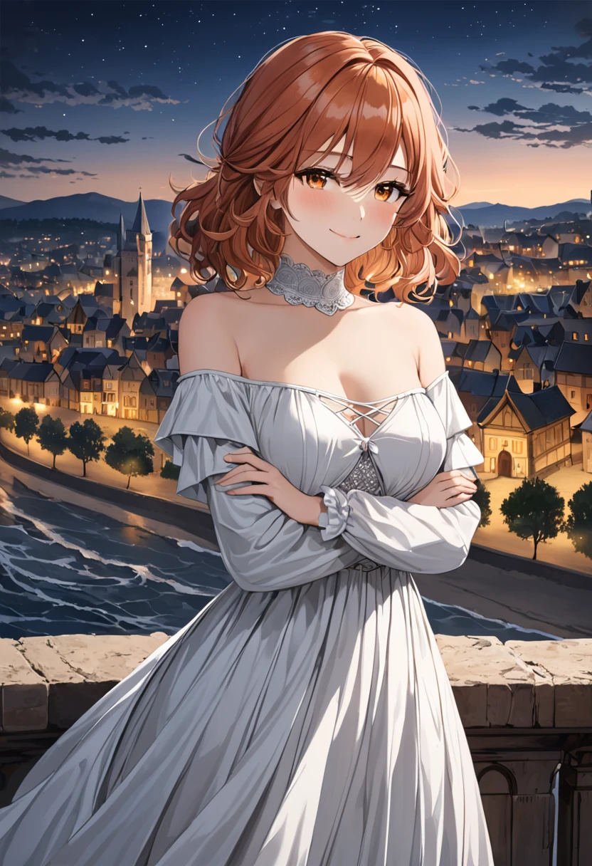 ((Wuthering Waves_dusty)),(masterpiece),(Highest quality),(Very detailed),(Best illustrations),(Best Shadow),(Absurd),(Detailed Background),(so beautiful), Dusty(arrival), One girl, chest, alone, dress, chestの谷間, Orange eyes, View your viewers, Exposing shoulders, white dress, medium chest, blush, Redhead, Striped Hair, Gray Hair, Captivating smile, from the front, Cowboy Shot, Arms crossed, Medieval city background, night, 