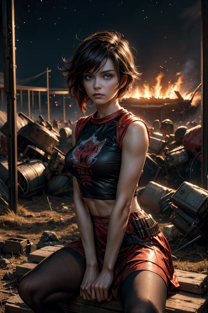 (masterpiece, best quality:1.2), cowboy shot, solo, dynamic pose, 1girl, ruby rose, looking at viewer, t-shirt, red skirt, pantyhose, sitting, outside deserted stadium, bonfires, river, crowd, (crowd in military uniforms), night, stars, closed mouth, serious look, serious expression, post-apocalypse, dystopian future