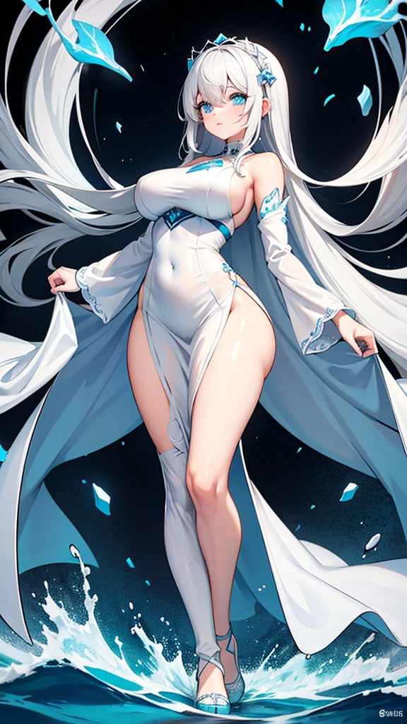 A girl with ocean blue eyes wearing white dress. Her black hairs long and curvy body beautiful background night