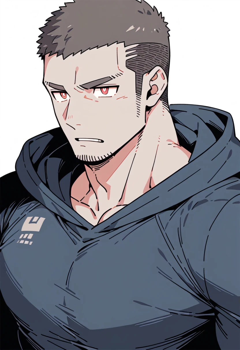 anime characters：Priapus, Dark Grey Skin Muscle Sports Student, Buzz Cut, Manliness, male focus, Sports tight hooded sweatshirt, Under Armour Brand, Wear a high-necked tights underneath, Very tight, Huge pectoral muscles, muscular male, muscular, only, Upper body, alone, Red short hair, Thick eyebrows, stubble, Brown-red pupils, White background, Solid color background, Clean background, simple background, amazing quality, best aesthetics, Ridiculous, crew cut, bright pupils, embarrassed, frown, parted lips, endured face, negative space, negative space, best quality