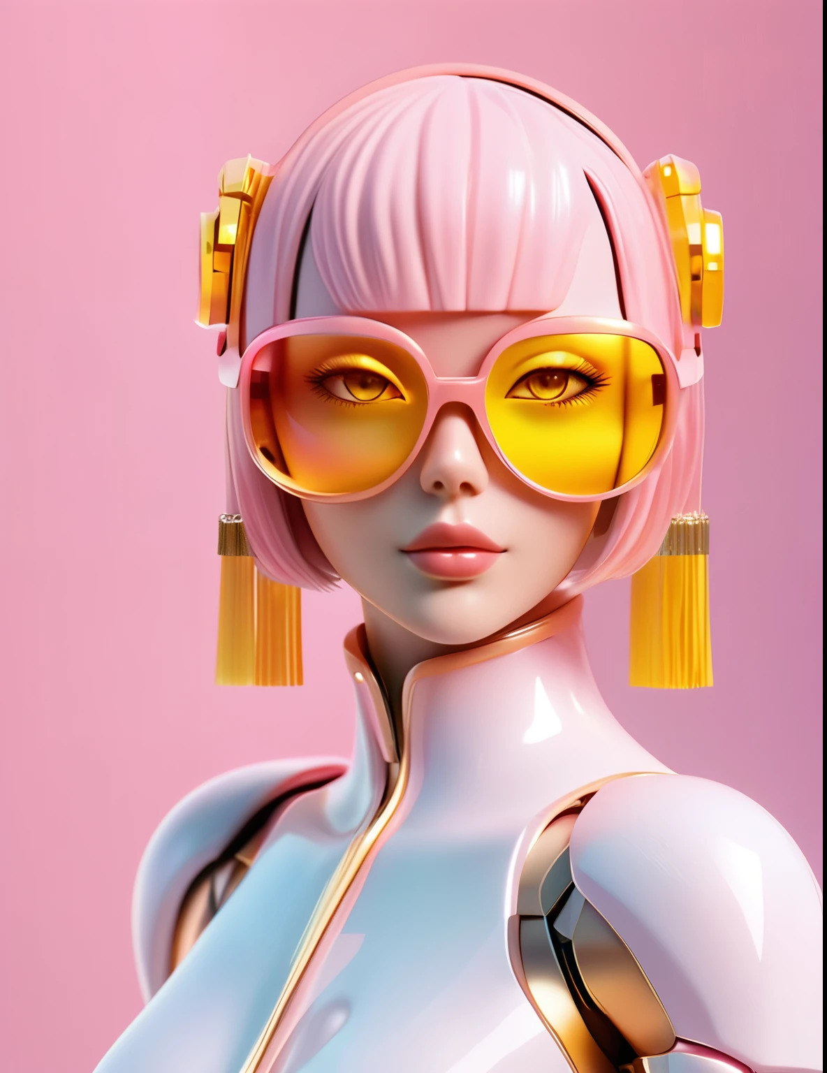 3D illustration of the upper body and face of an artificial intelligence model wearing futuristic glasses, Stylish glasses with tassels，Gradient Background, Pastel Color Palette, pink yellow, Simplicity, Cold metal texture, Surrealism,