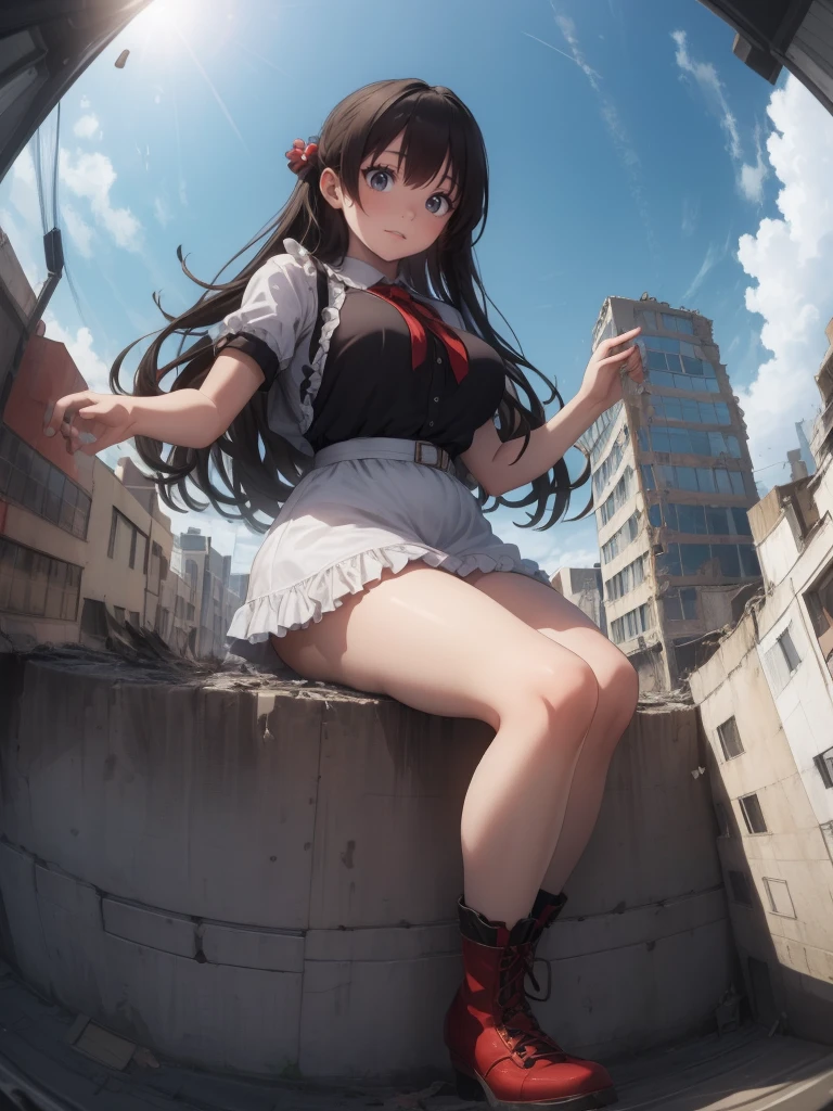 whole body描写、((((Fisheye Lens))))、((((looking at the camera))))、Embarrassed、Building fire、City boulevard、Traffic jam、Lots of cars and buses、street tree、Pedestrian bridge、City of Rubble、Ruins of rubble、Knee-high socks、((((Frilled maid outfit)))),Giant Girl 50,000 feet high，Weight: 1000kg，，Elf with pink earrings，She has long hair that reaches down to her feet，Hair loss，Wavy long curly hair，Wearing boots，Lace gloves，粉色蕾丝whole body，Standing tall in a small town，Beautiful appearance，Exquisite makeup，quality，8k，高quality，Perfect Proportions, Cinema Lighting，Film Grain，The Colors of Fuji，8k，Textured skin，Super Details，Attention to detail，High resolution，False Smile，Bloodstain，脚底有Bloodstain，whole body，obesity，Elf Princess，((((Giant girl gracefully sits on top of a broken skyscraper in the city、))))、(((Super huge breasts)))、((Plump thighs))、Chest、Sweat makes clothes transparent