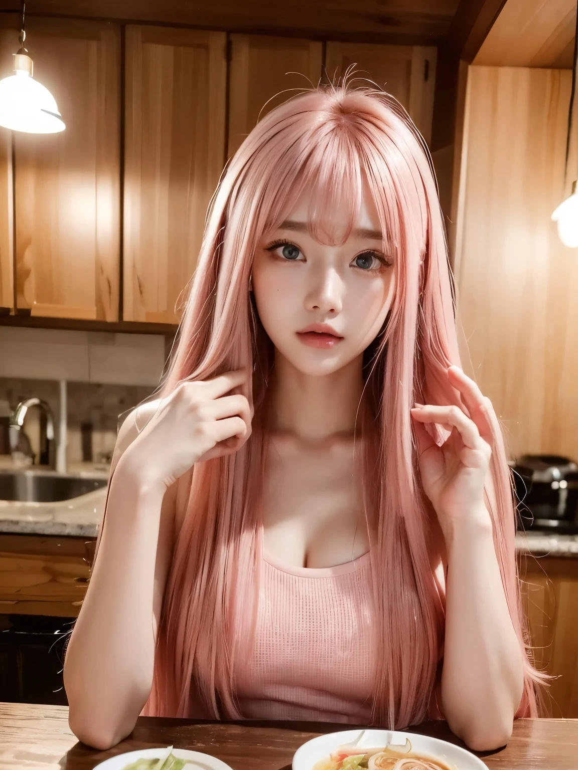 Very detailed,(Beautiful pink hair, Beautiful eyes, Long Hair, )Beautiful and fair、Glowing Skin, 3 Up, nice, bright, Refreshing and gentle look, Perfect beautiful face，Beautiful shiny bangs, so beautiful２０Year old girl,(Highest quality, 8k, masterpiece: 1.3)),RAW Photos,Eating ramen