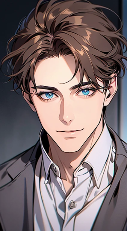 (Highest quality,4K,8k,High resolution,masterpiece:1.2),Very detailed,(Realistic,photoRealistic,photo-Realistic:1.37),1 person,26 years old,Mature Men,very handsome,Expressionless,smile,Short gray brown hair,blue eyes,Sharp Eyes,A perfect face without a doubt,Intimidating posture,Office Background,Cinema Lighting,HDR image