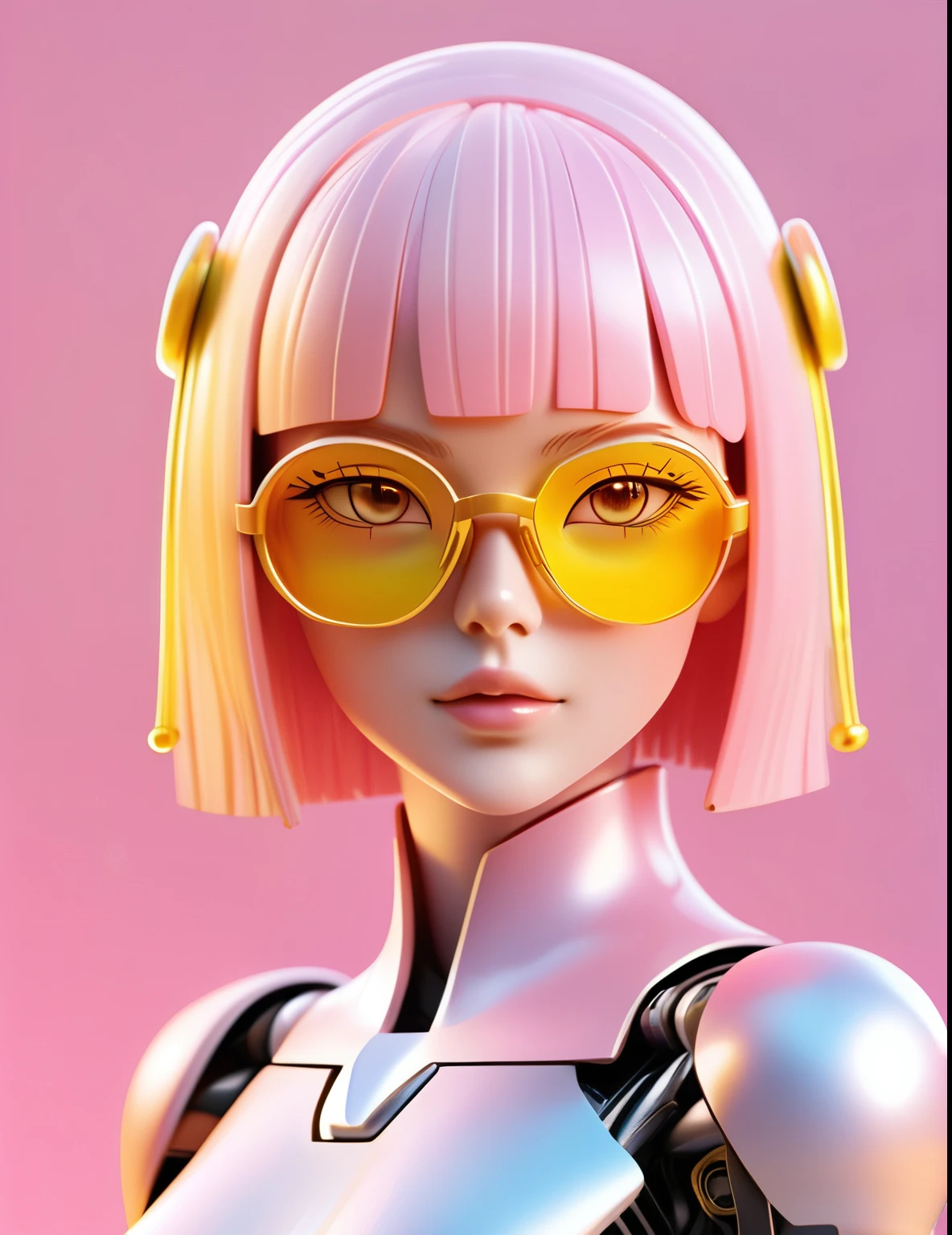 3D illustration of the upper body and face of an artificial intelligence model wearing futuristic glasses, Stylish glasses with tassels，Gradient Background, Pastel Color Palette, pink yellow, Simplicity, Cold metal texture, Surrealism,