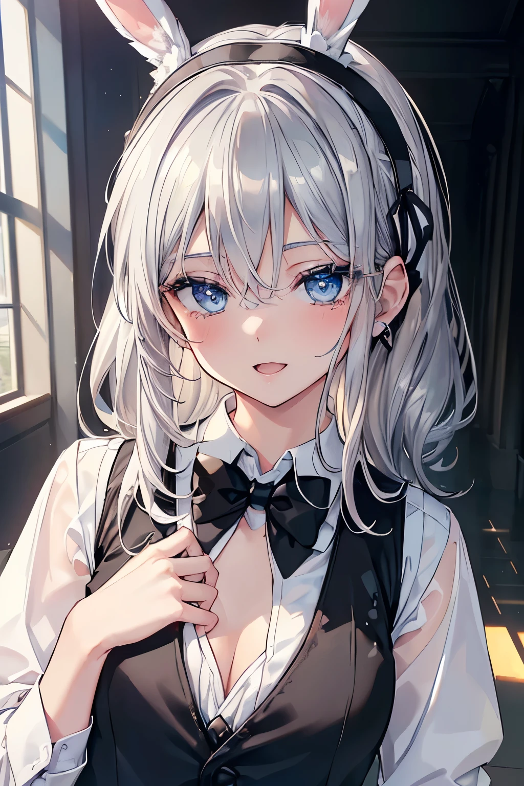 (Best quality,4K,8K,High resolution,Masterpiece:1.2),Super detailed,(Actual, Realistic),
break,
((Beautiful clear blue eyes:1.2)),very kind eyes,eyes wide open,beautiful eyelashes,beautiful lower eyelashes,
break,
((Beautiful and shiny silver hair:1.3)),A dazzling smile, a bursting smile, an open mouth laugh,
break,
BREAK (bunny girl ear headband:1.4),((White shirt:1.3)), black bow tie, ((black vest:1.3)), ((black tuxedo for women:1.3)),((medium chest:1.3)),
break,
very happily,((bust shot)),zoom in,((bright hall:1.3))