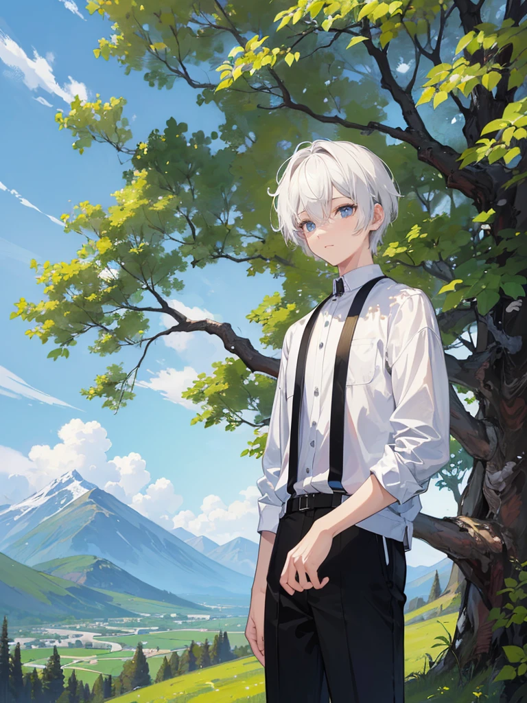 (masterpiece, top-quality, Extremely high quality, high-level image quality, Extremely sensitive writing) 1boy, short white hair, detailed eyes, mountain background, trees, simple clothes, black pants
