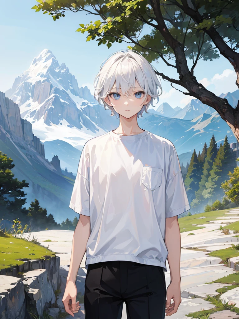 (​masterpiece, top-quality, Extremely high quality, high-level image quality, Extremely sensitive writing) 1boy, short white hair, detailed eyes, mountain background, trees, simple clothes, black pants