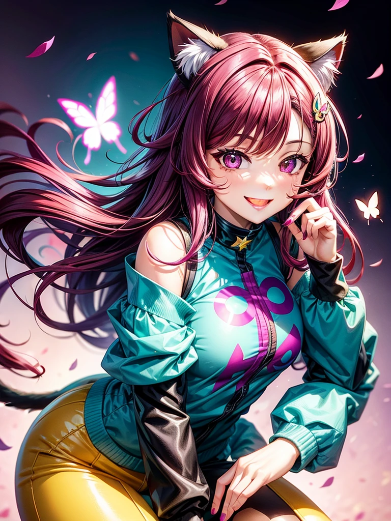 Magenta hair, brown eyes, older woman, long thick hair, pretty hair ornaments, smile face, happy face, cat ears, sexy uniform outfit, background, butterflies, teal and yellow, no hair in face, no bangs in hairstyle