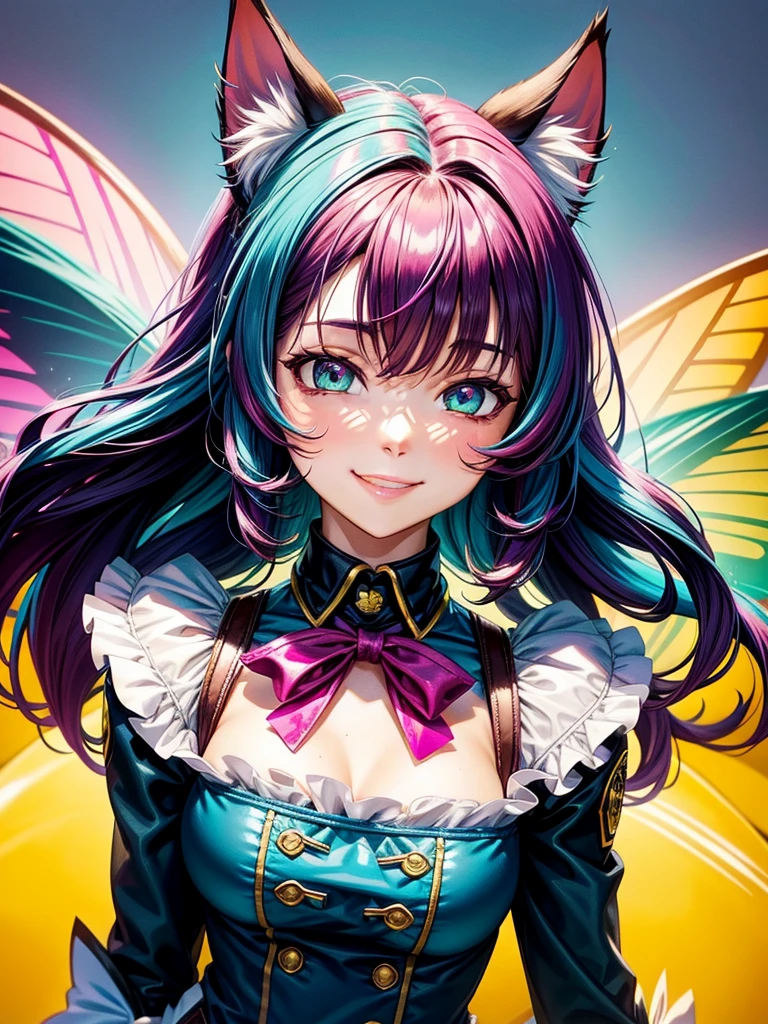 Magenta hair, brown eyes, older woman, long thick hair, pretty hair ornaments, smile face, happy face, cat ears, sexy uniform outfit, background, butterflies, teal and yellow, no hair in face, no bangs in hairstyle 