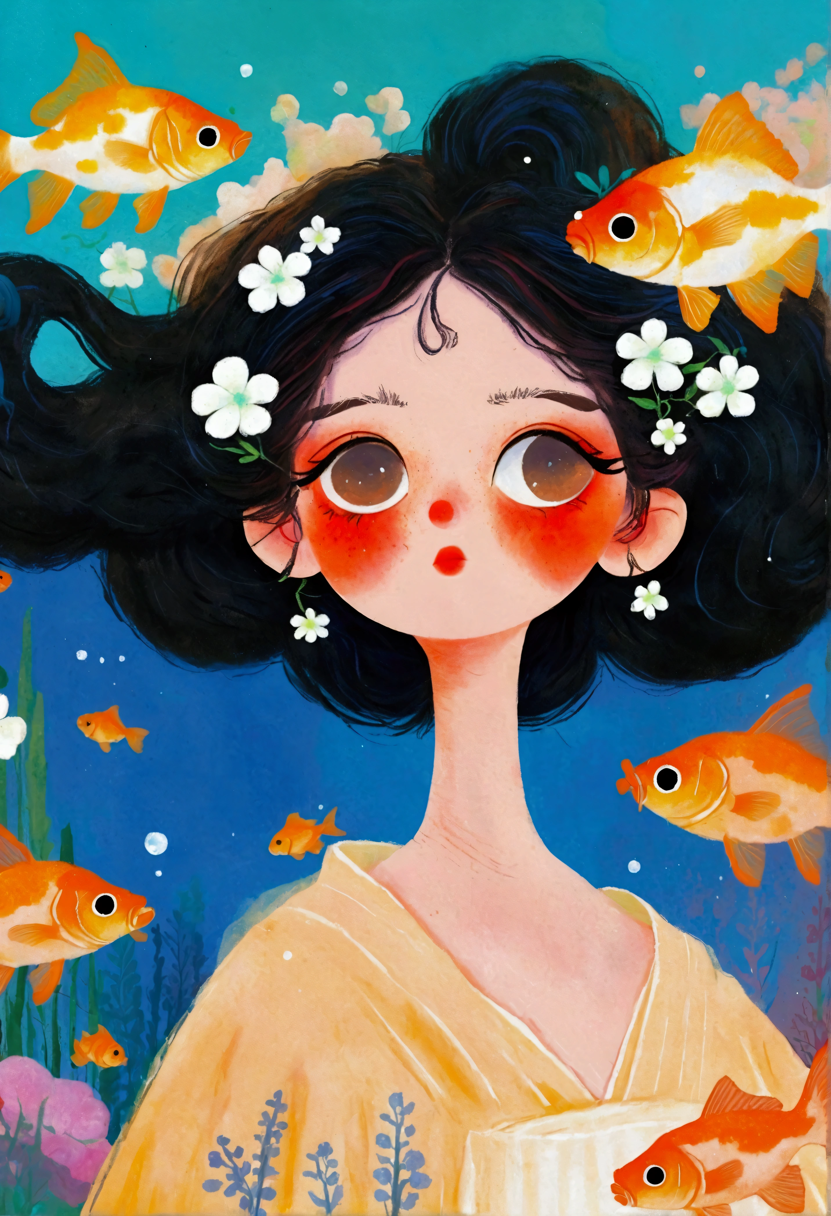Painting of a woman with goldfish in her hair、Jin Nong's Surrealism、Black Hair、Japanese、Dynamic pose、Pop Surrealism、Color illustrations、Beautiful artistic illustrations、Colorful illustration、Pop Surrealismアートスタイル、Digital illustration style、Fantasy Illustration、Illustration art、Magical Surrealism、デジタルFantasy Illustration、Pop Surrealismローブローアートスタイル