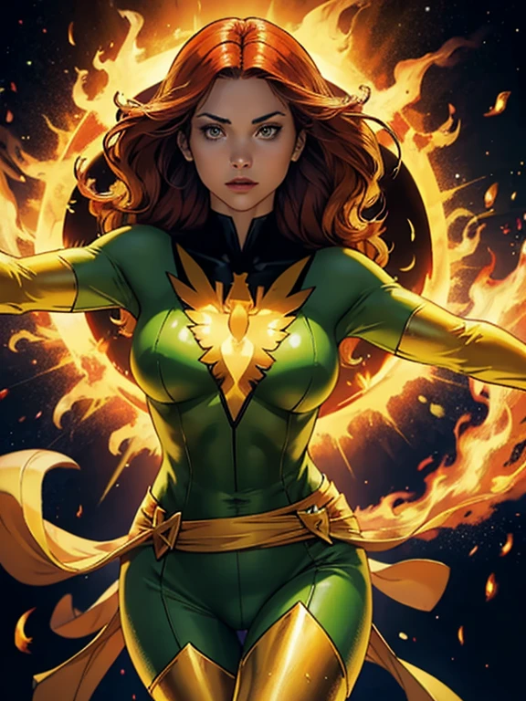 a woman in a yellow and green outfit is flying through the air, jean grey, full body portrait of jean grey, a dark phoenix, she has fire powers, portrait of jean grey, starfire, phoenix-inspired, appears as the fire goddess, phoenix in fire, her body made of flames, inspired by Mary Jane Begin, phoenix warrior, fiery coloring, beautiful detailed eyes, beautiful lips, detailed nose, round breasts, beautiful face, cameltoe 