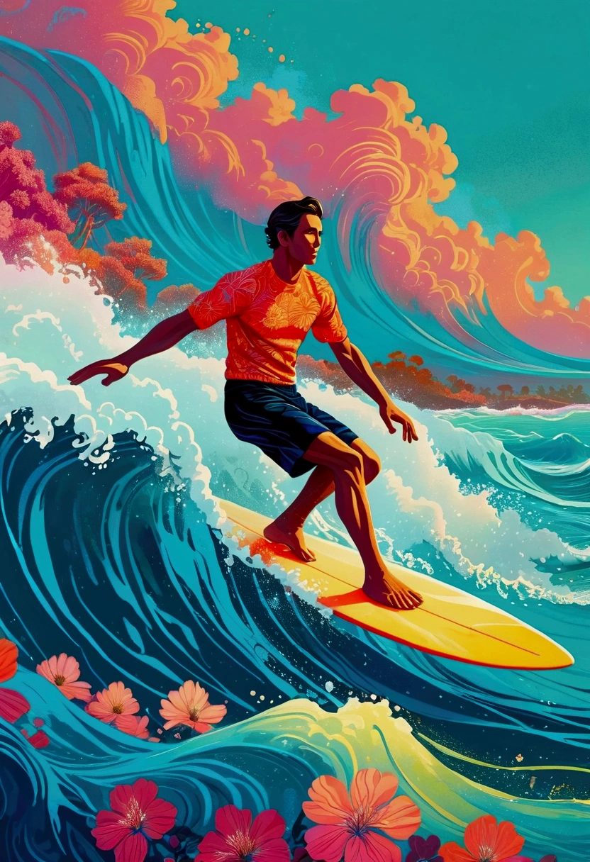 a man riding a surfboard on top of a wave in the ocean, jen bartel, in style of digital illustration, colorful illustration, kilian eng vibrant colors, kilian eng vibrant colours, inspired by Cyril Rolando, vector art style, in style of cyril rolando, adobe illustrator art, illustration style, stylised illustration, editorial illustration colorful, surfing