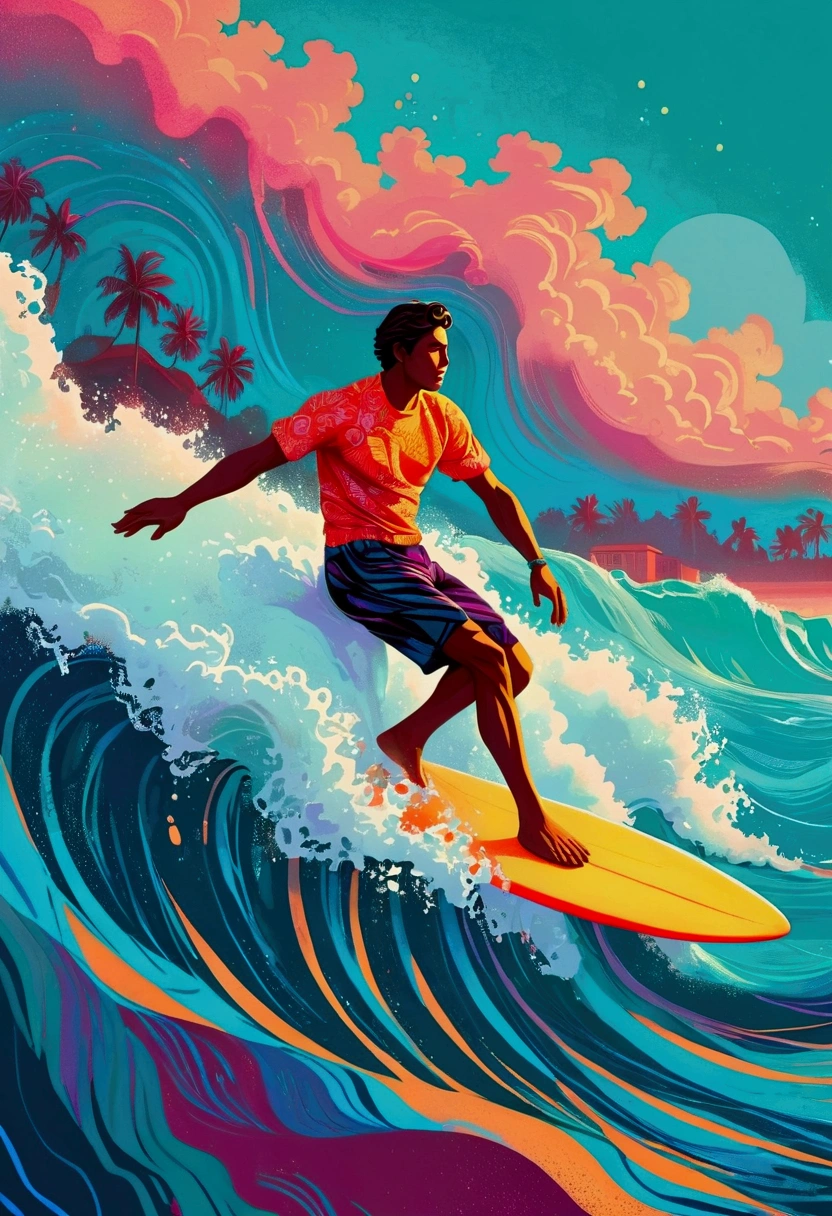 a man riding a surfboard on top of a wave in the ocean, jen bartel, in style of digital illustration, colorful illustration, kilian eng vibrant colors, kilian eng vibrant colours, inspired by Cyril Rolando, vector art style, in style of cyril rolando, adobe illustrator art, illustration style, stylised illustration, editorial illustration colorful, surfing
