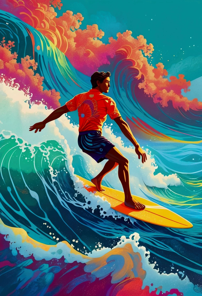 a man riding a surfboard on top of a wave in the ocean, jen bartel, in style of digital illustration, colorful illustration, kilian eng vibrant colors, kilian eng vibrant colours, inspired by Cyril Rolando, vector art style, in style of cyril rolando, adobe illustrator art, illustration style, stylised illustration, editorial illustration colorful, surfing