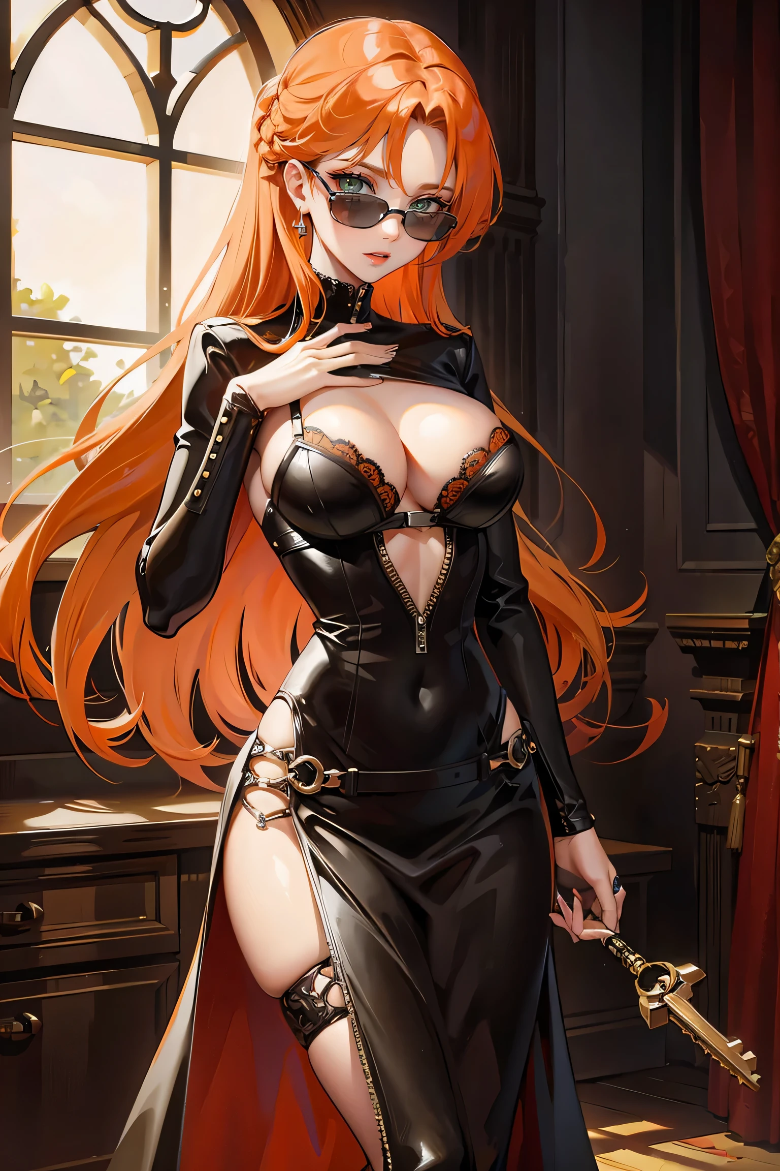 long orange hair, green eyes, large cleavage, holding keys, dominatrix