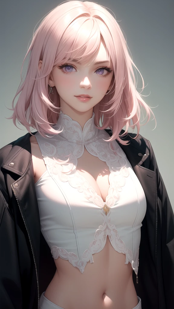 (masterpiece, best quality), intricate details, thin, ((slim)), beautiful girl, Light pink hair, white skin, light purple eyes, sharp jawline, cropped jacket, messy hair, lips, upper body, close up, smirk