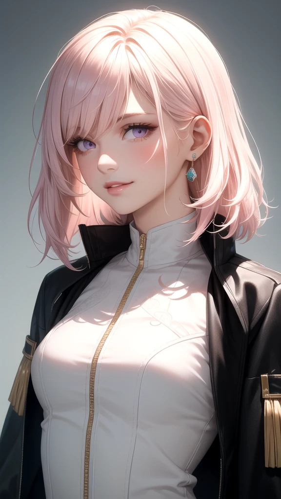 (masterpiece, best quality), intricate details, thin, ((slim)), beautiful girl, Light pink hair, white skin, light purple eyes, sharp jawline, cropped jacket, messy hair, lips, upper body, close up, smirk