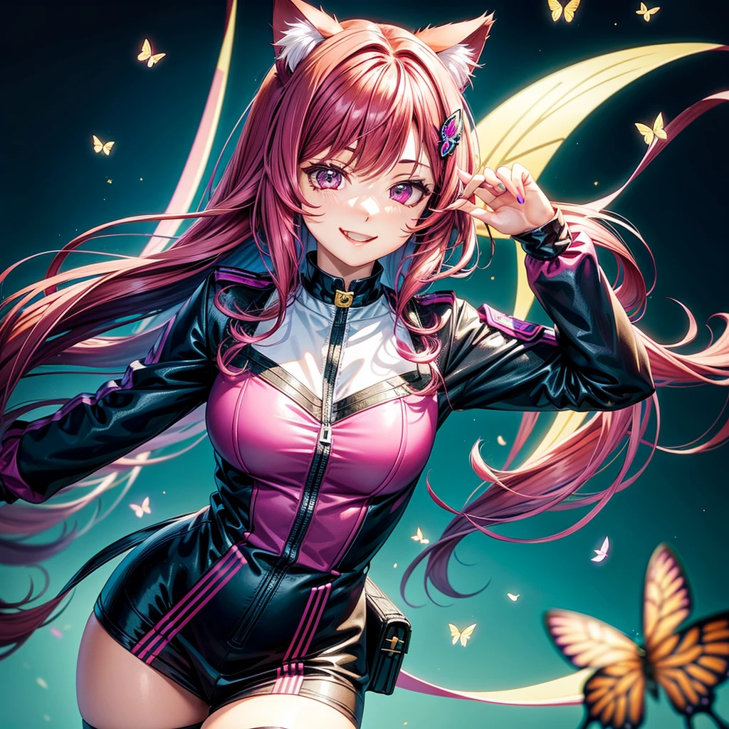 Magenta hair, brown eyes, older woman, long thick hair, pretty hair ornaments, smile face, happy, cat ears, sexy uniform outfit, color background, butterflies, teal and yellow, no hair in face, no bangs in hairstyle 