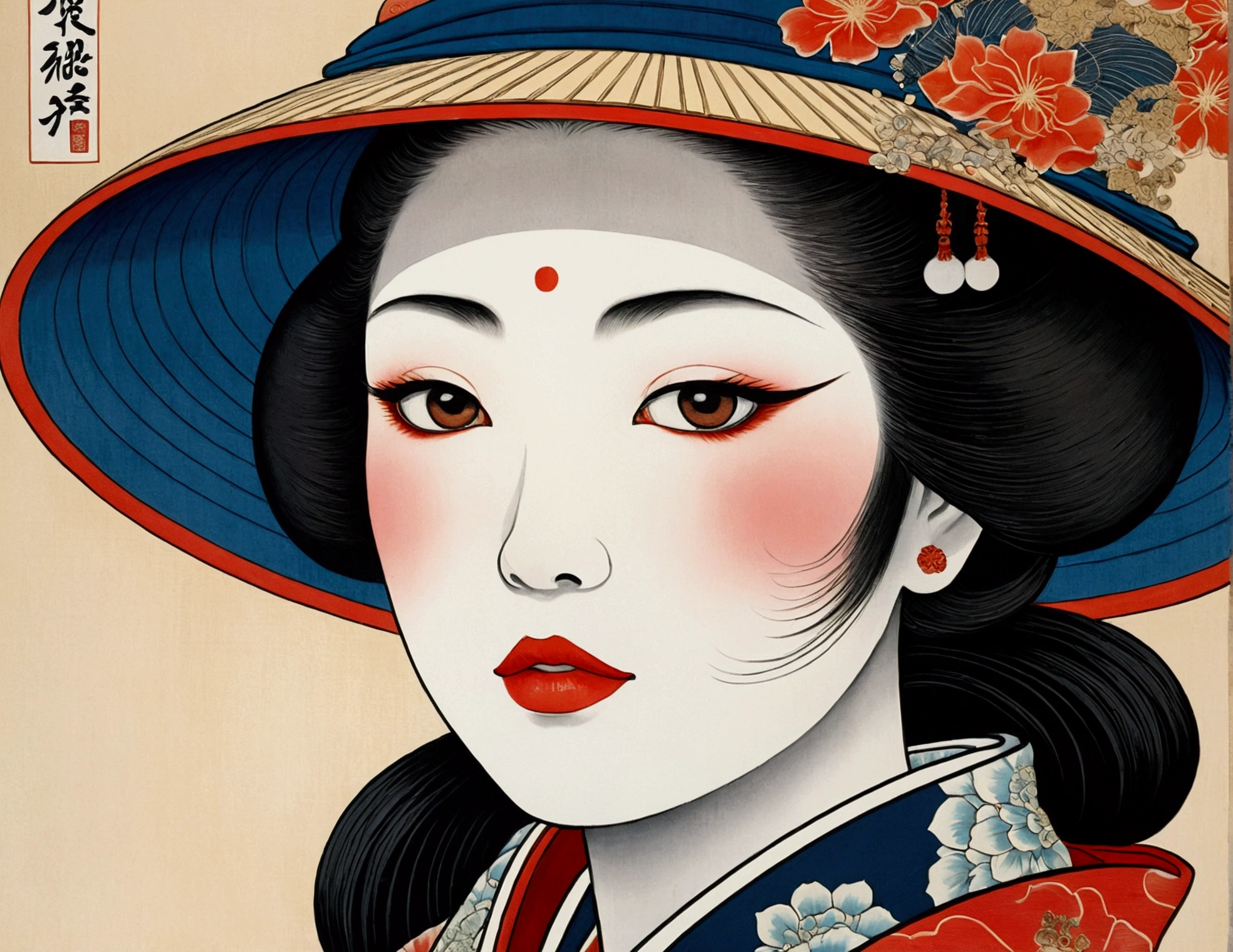 
Close-up of a painting of a woman wearing a hat and scarf, An intricate painting inspired by Toyohara Kunichika, tumbler, Ukiyo-e, Classical Kabuki, Ukiyo-eとスタジオジブリ風, ukiyo e, Ukiyo-e, Ukiyo-e art, ukiyoe, Ukiyo-e print