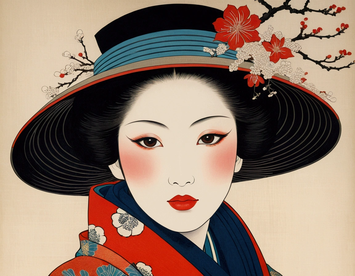 Close-up of a painting of a woman wearing a hat and scarf, An intricate painting inspired by Toyohara Kunichika, tumbler, Ukiyo-e, Classical Kabuki, Ukiyo-eとスタジオジブリ風, ukiyo e, Ukiyo-e, Ukiyo-e art, ukiyoe, Ukiyo-e print