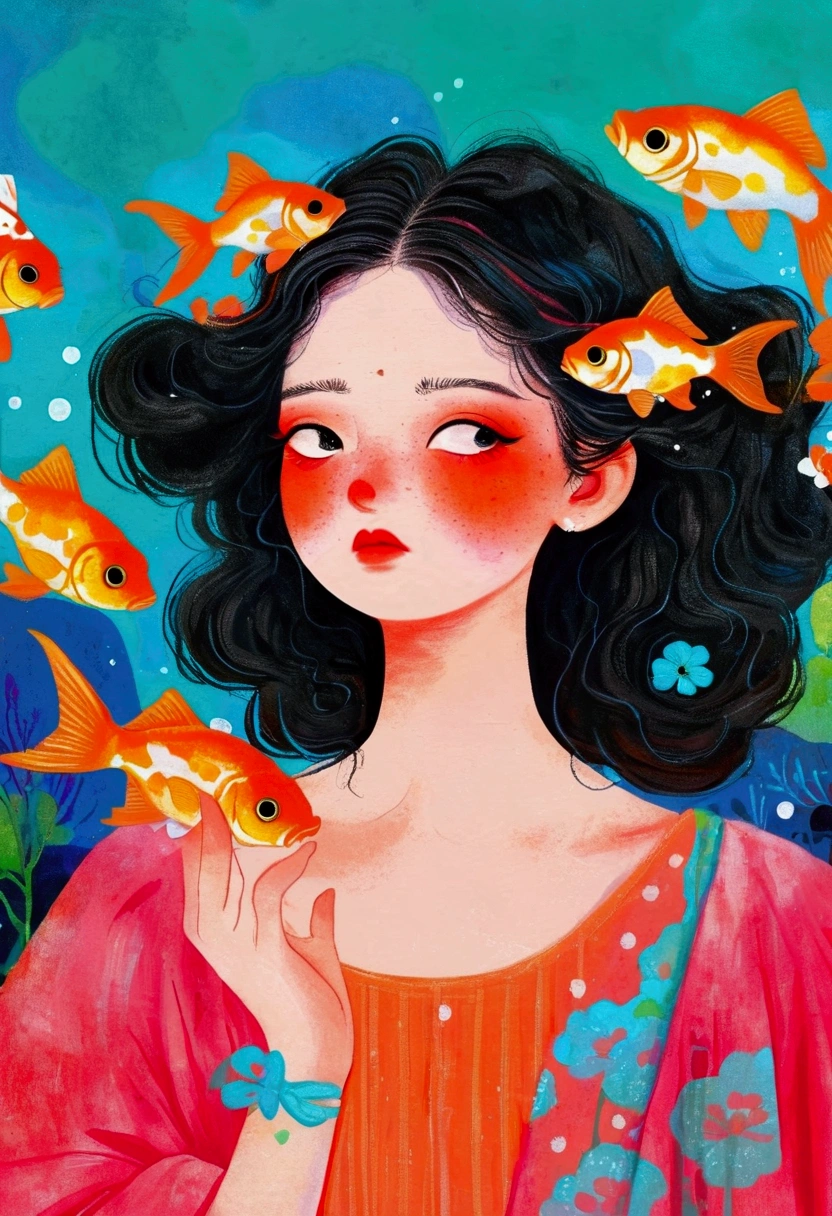 Painting of a woman with goldfish in her hair、Jin Nong's Surrealism、Black Hair、Indian、Dynamic pose、Pop Surrealism、Color illustrations、Beautiful artistic illustrations、Colorful illustration、Pop Surrealismアートスタイル、Digital illustration style、Fantasy Illustration、Illustration art、Magical Surrealism、デジタルFantasy Illustration、Pop Surrealismローブローアートスタイル