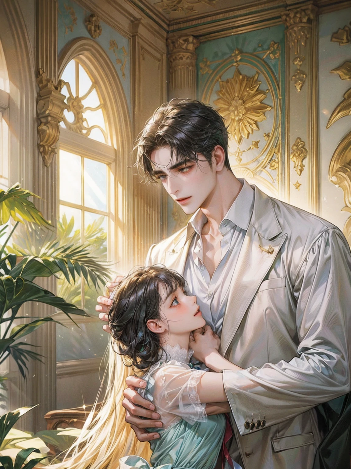 A heartwarming scene in a modern, elegant mansion in Constantine,Algeria. A young father in his 30s, dressed in a business suit, has just returned home from work. He lovingly and warmly embraces his playful and innocent twin children, a boy and a girl, lifting them up in a tight hug. The children, full of joy and innocence, cling to him with bright smiles. The setting is bathed in the golden light of a clear summer evening. Sunlight streams through large windows, illuminating the spacious living room and the view of a beautifully landscaped garden and the sparkling Adriatic Sea beyond. The father, secretly imagined as Constantine I, conveys deep love and forgiveness to his children, who are subtly represented as Crispus and Fausta. There is a profound sense of reconciliation, healing, and renewed bonds, symbolized by subtle hints of ancient Roman elements in the home's decor. The scene exudes warmth, peace, and a sense of restored relationships. 、divine atmosphere、A paradise of greenery and flowers、heaven、Blessings and Blessings、Beautiful fece、brilliance、ultra-quality、Ultra-high resolution、ultra-definition、Super beautiful、​masterpiece、
