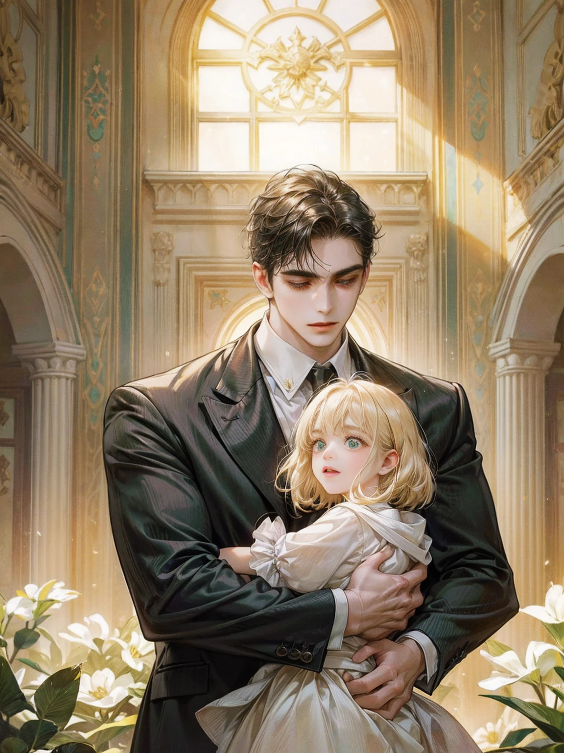 A heartwarming scene in a modern, elegant mansion in Constantine,Algeria. A young father in his 30s, dressed in a business suit, has just returned home from work. He lovingly and warmly embraces his playful and innocent twin children, a boy and a girl, lifting them up in a tight hug. The children, full of joy and innocence, cling to him with bright smiles. The setting is bathed in the golden light of a clear summer evening. Sunlight streams through large windows, illuminating the spacious living room and the view of a beautifully landscaped garden and the sparkling Adriatic Sea beyond. The father, secretly imagined as Constantine I, conveys deep love and forgiveness to his children, who are subtly represented as Crispus and Fausta. There is a profound sense of reconciliation, healing, and renewed bonds, symbolized by subtle hints of ancient Roman elements in the home's decor. The scene exudes warmth, peace, and a sense of restored relationships. 、divine atmosphere、A paradise of greenery and flowers、heaven、Blessings and Blessings、Beautiful fece、brilliance、ultra-quality、Ultra-high resolution、ultra-definition、Super beautiful、masterpiece、