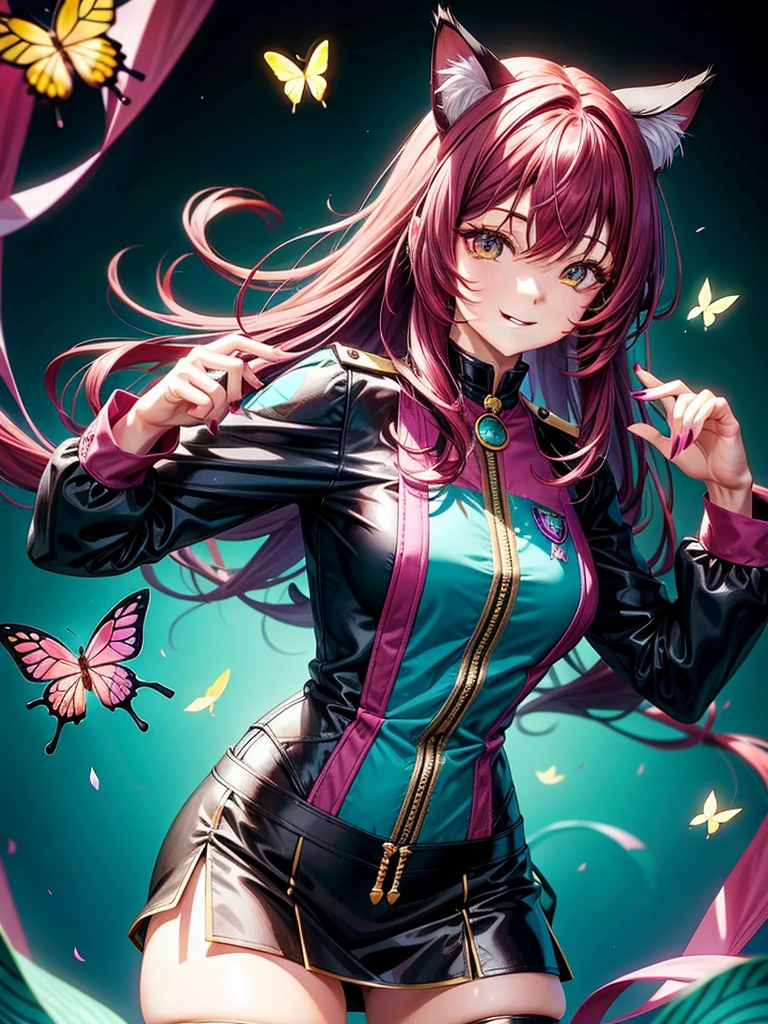 Magenta hair, brown eyes, older woman, long thick hair, pretty hair ornaments, smile face, happy, cat ears, sexy uniform outfit, color background, butterflies, teal and yellow, no hair in face, no bangs in hairstyle 