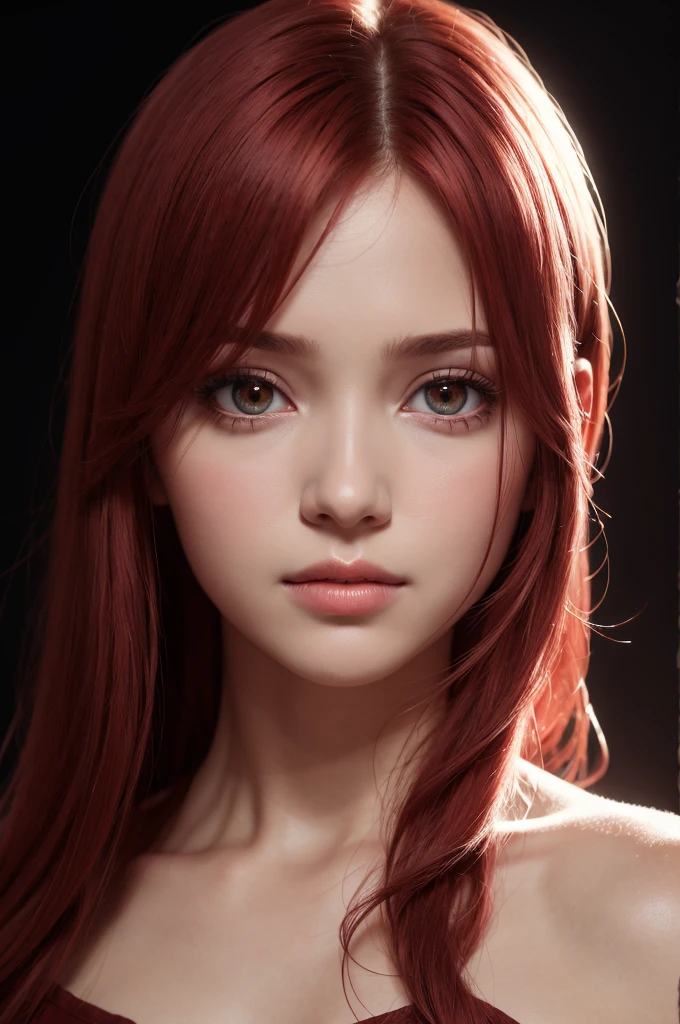 1girl, star eye, blush, perfect lighting, red hair, Eyes red, engine unreal, side-lighting, face detailed, bangss, shining skin, simple background, darkness background,