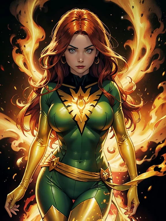a woman in a yellow and green outfit is flying through the air, jean grey, full body portrait of jean grey, a dark phoenix, she has fire powers, portrait of jean grey, starfire, phoenix-inspired, appears as the fire goddess, phoenix in fire, her body made of flames, inspired by Mary Jane Begin, phoenix warrior, fiery coloring, beautiful detailed eyes, beautiful lips, detailed nose, round breasts, beautiful face, cameltoe 