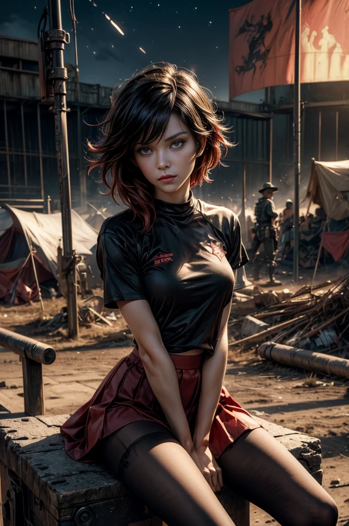 (masterpiece, best quality:1.2), cowboy shot, solo, dynamic pose, 1girl, ruby rose, looking at viewer,  t-shirt, red skirt, pantyhose, sitting, outside deserted stadium, bonfires, river, crowd, (crowd in military uniforms), night, stars, closed mouth, serious look, serious expression, post-apocalypse, dystopian future