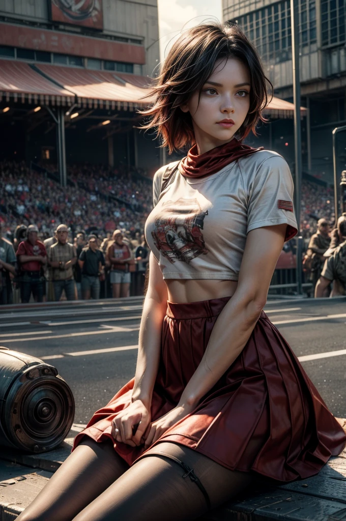 (masterpiece, best quality:1.2), cowboy shot, solo, dynamic pose, 1girl, ruby rose, looking at viewer,  t-shirt, red skirt, pantyhose, sitting, outside deserted stadium, bonfires, river, crowd, (crowd in military uniforms), night, stars, closed mouth, serious look, serious expression, post-apocalypse, dystopian future