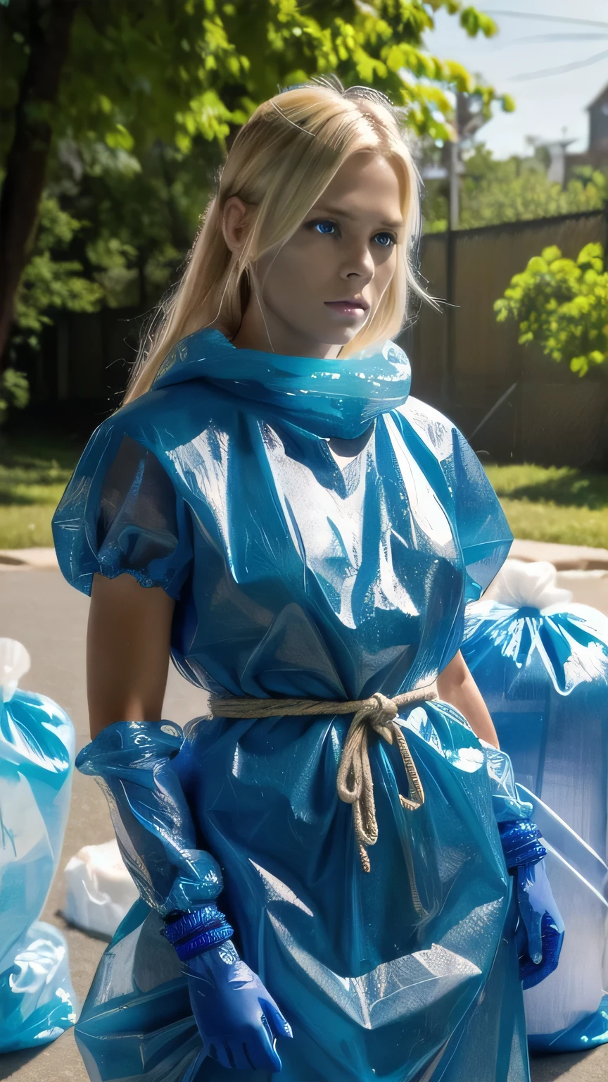 a stunningly beautiful blond woman completely wrapped up from head to toe in blue plastic garbage bags printed with biohazard symbols is tightly tied up with rope wrapped around her like a helpless human package, forced against her will, bright day, extremely photorealistic photo, highly detailed photo, portrait