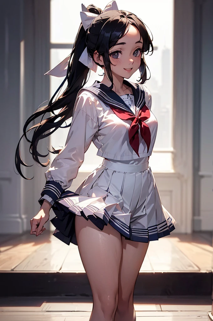 (((beautiful))), (((Sailor suit, uniform))), ((Black Hair, ponytail, ribbon)), Small breasts, Thighs, Sweat, (((Intricate details))), High resolution, ((Intricate details, Ultra-detailed)), whole body, Are standing, looking at the camera, Red cheeks, smile, evening, School,
