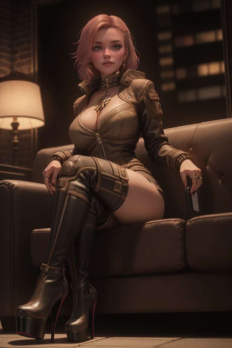 1girl, 35yo, femalebreton, feminine, glamour, wearing jacket and stockings with platform heels, model, posing, sitting on sofa, crossed legs, seductive smile, apartment indoor background, (night time:1.3), looking the viewer, indoor lights coming to her face, medium breasts, good hands, cyberpunk 2077 style