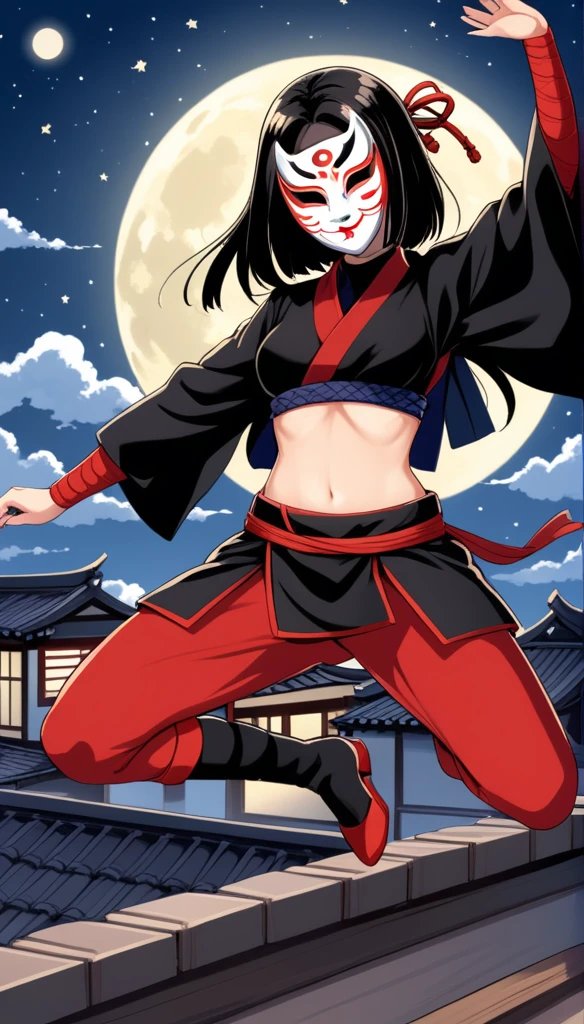 Young Woman, Ninja, Transparent Body(black), Kabuki Mask, Dagger, Jumping, Rooftops, Nahct, Moon and Stars, Sexy, Underboob, Transparent Pussy,