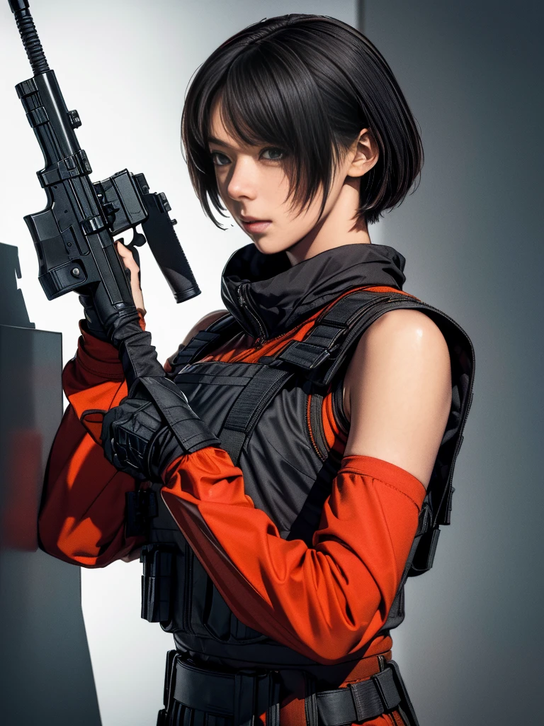 In a photorealistic masterpiece, an 8K resolution beauty gazes directly at the camera while assuming a combat pose, her eyes locked onto the viewer. She's dressed in a striking red rubber suit, tactical vests, and a military harness, with black gloves and a high-tech headset. Her short hair is styled neatly, and her detailed face conveys focus and intensity. A assault rifle rests against her shoulder, its grip wrapped around her fingers, which are partially occluded by the gun's stock. The concrete wall behind her provides a gritty backdrop for this photorealistic depiction of a strong and capable individual.