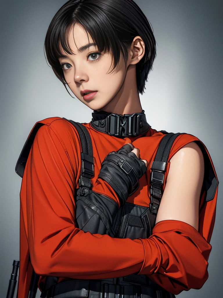 In a photorealistic masterpiece, an 8K resolution beauty gazes directly at the camera while assuming a combat pose, her eyes locked onto the viewer. She's dressed in a striking red rubber suit, tactical vests, and a military harness, with black gloves and a high-tech headset. Her short hair is styled neatly, and her detailed face conveys focus and intensity. A assault rifle rests against her shoulder, its grip wrapped around her fingers, which are partially occluded by the gun's stock. The concrete wall behind her provides a gritty backdrop for this photorealistic depiction of a strong and capable individual.