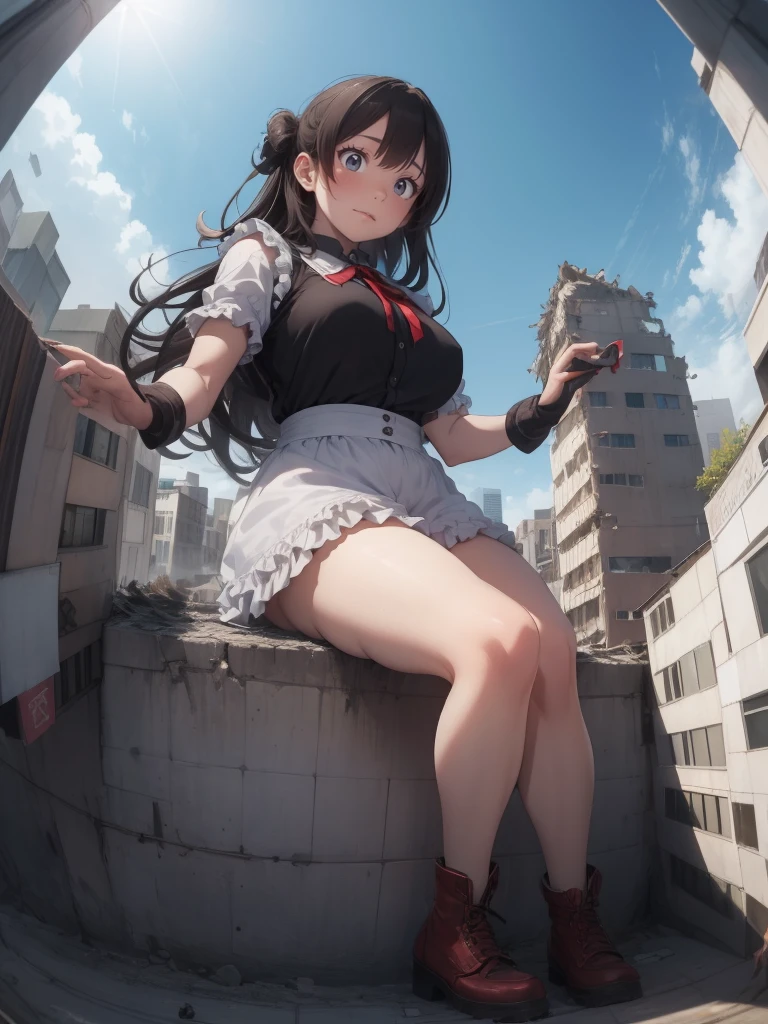 whole body描写、((((Fisheye Lens))))、((((looking at the camera))))、Embarrassed、Building fire、City boulevard、Traffic jam、Lots of cars and buses、street tree、Pedestrian bridge、City of Rubble、Ruins of rubble、Knee-high socks、((((Frilled maid outfit)))),Giant Girl 50,000 feet high，Weight: 1000kg，，Elf with pink earrings，She has long hair that reaches down to her feet，Hair loss，Wavy long curly hair，Wearing boots，Lace gloves，粉色蕾丝whole body，Standing tall in a small town，Beautiful appearance，Exquisite makeup，quality，8k，高quality，Perfect Proportions, Cinema Lighting，Film Grain，The Colors of Fuji，8k，Textured skin，Super Details，Attention to detail，High resolution，False Smile，Bloodstain，脚底有Bloodstain，whole body，obesity，Elf Princess，((((Giant girl gracefully sits on top of a broken skyscraper in the city、))))、(((Super huge breasts)))、((Plump thighs))、Chest、Sweat makes clothes transparent