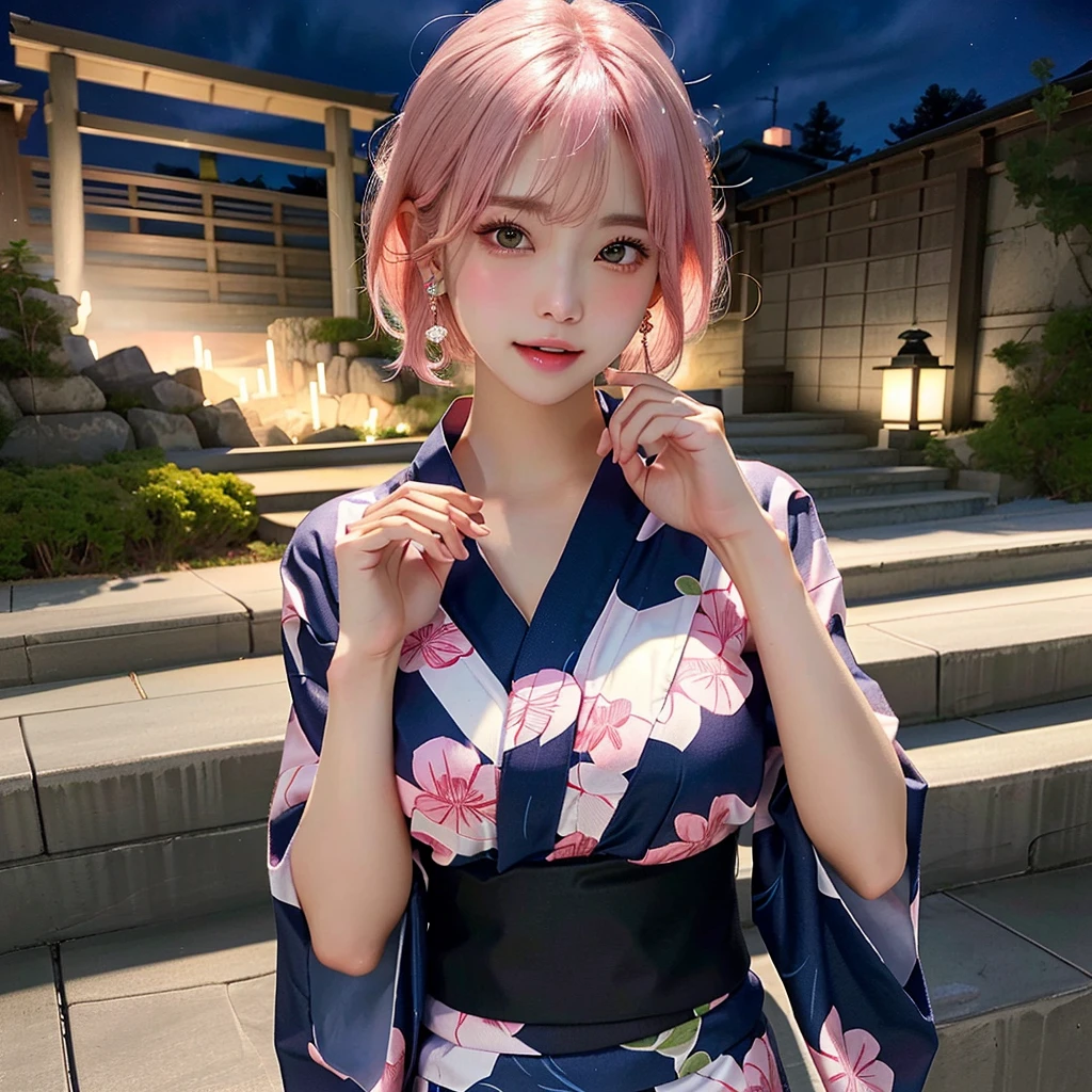 Earrings, masterpiece, Pink Hair, Large Breasts, Blushing, tooth, Aperture value F1.8, whole body、Gravure pose、Open your mouth, Standing pose、whole body見して、yukata、Realistic、超Realistic、Make the skin more realistic、Textured skin,night、