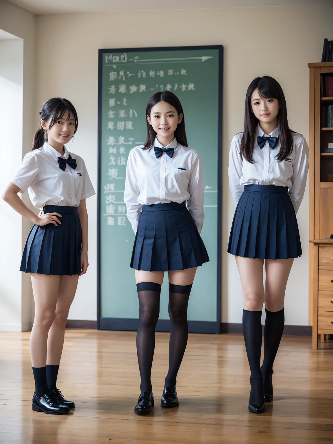 (Highest quality, masterpiece, Photorealistic, Super detailed, Ultra-high resolution, born:1.3), (Three Girls:1.3), beautiful, 日本人の女子高born, 16 years old, In the classroom, 学born服,Navy blue high waist pleated mini skirt, (Black Stockings),(smile), (bangs), (Long legs, whole body:1.2), (Standing side by side)