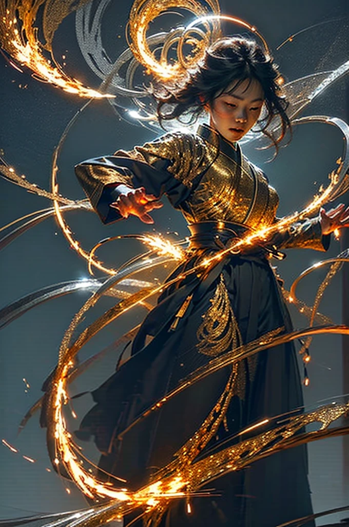 best quality,masterpiece,Ultra-high resolution,Solitary,1 Girl, ,roujinzhi,Chinese Zen style,impactful picture,translucent and glowing metallic patterns,(Glowing metal objects hovered in the air and surrounded him:1.2),(Electric arcs and sparks:1.2),(Energy Flow:1.2),(Transparent magnetic field lines:1.2),(Gold, silver and glittering light effects:1.2),