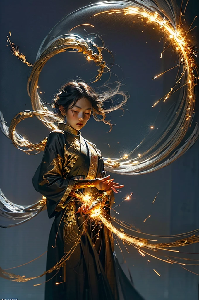 best quality,masterpiece,Ultra-high resolution,Solitary,1 Girl, ,roujinzhi,Chinese Zen style,impactful picture,translucent and glowing metallic patterns,(Glowing metal objects hovered in the air and surrounded him:1.2),(Electric arcs and sparks:1.2),(Energy Flow:1.2),(Transparent magnetic field lines:1.2),(Gold, silver and glittering light effects:1.2),